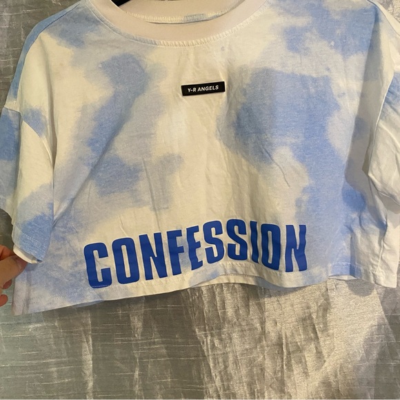 Y-R Angels crop top “CONFESSION” tie dye SZ M GUC, oversized cloud pattern - Picture 6 of 9